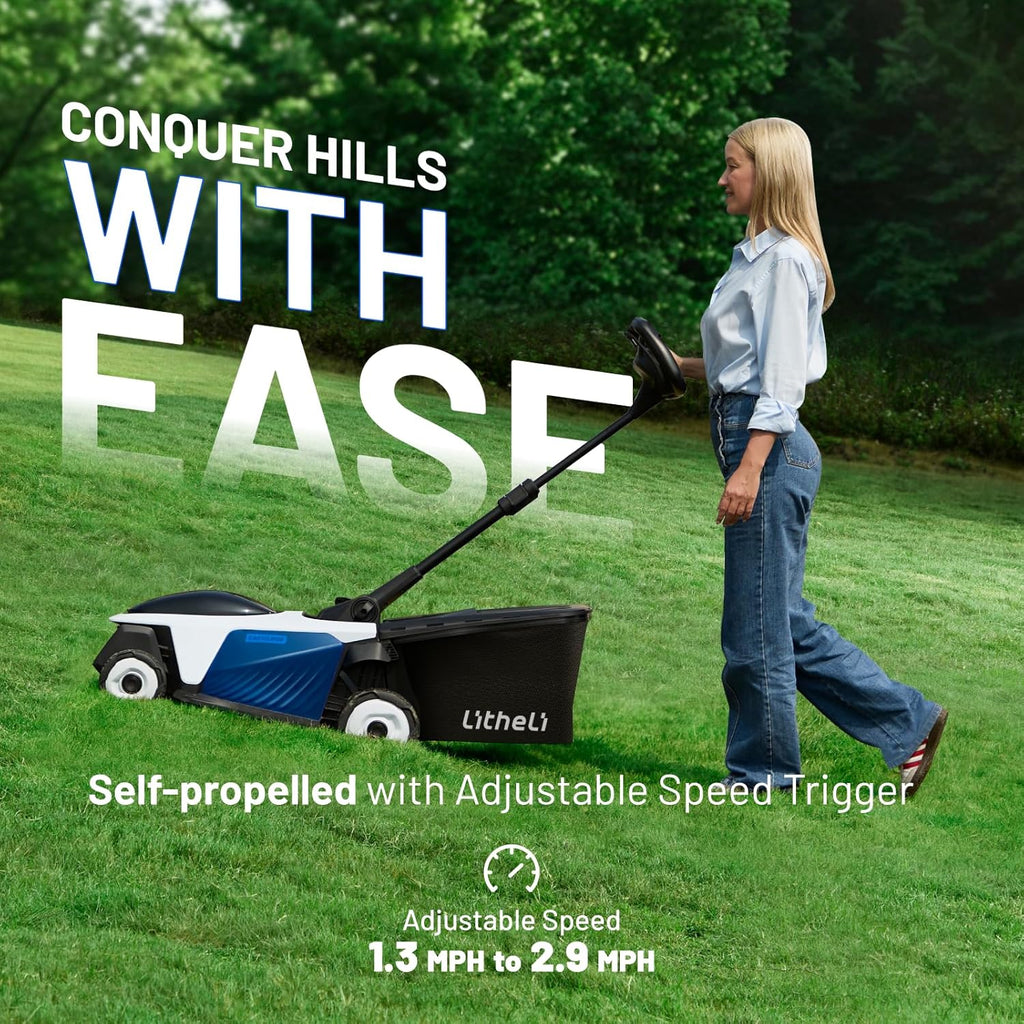 Litheli Easysurge Cordless Lawnmower Self-propelled, 2x 20V/43cm Electric Lawnmower Mulching, 6 Cutting Heights, 50L Grass Box, Battery Lawn Mower with 2x 4.0Ah Batteries