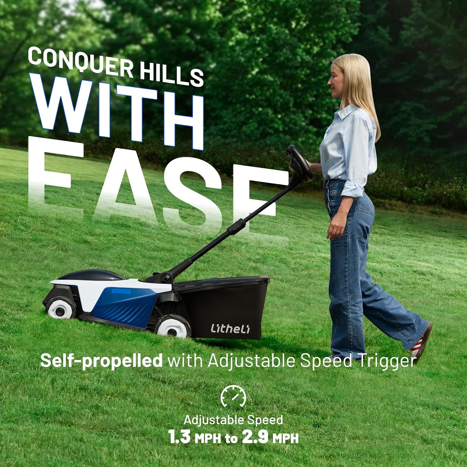 Litheli Easysurge Cordless Lawnmower Self-propelled, 2x 20V/43cm Electric Lawnmower Mulching, 6 Cutting Heights, 50L Grass Box, Battery Lawn Mower with 2x 4.0Ah Batteries